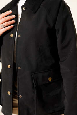 Kadife Gömlek Yaka Cepli Ceket Siyah - Thumbnail