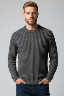 Pazarium - Dikey Çizgi Fitilli Erkek Triko Kazak Füme