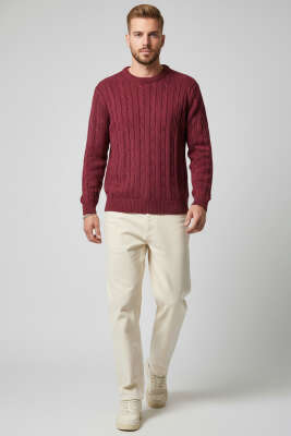 Bukle Örgü Erkek Triko Kazak Burgonya - Thumbnail