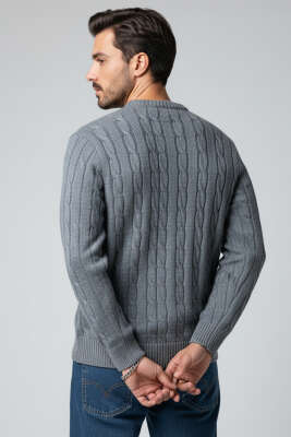 Bukle Örgü Erkek Triko Kazak İndigo - Thumbnail