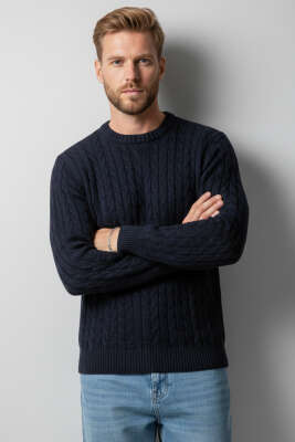 Pazarium - Bukle Örgü Erkek Triko Kazak Lacivert