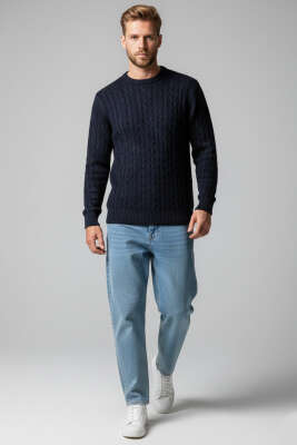 Bukle Örgü Erkek Triko Kazak Lacivert - Thumbnail