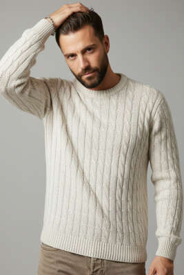 Bukle Örgü Erkek Triko Kazak Taş - Thumbnail