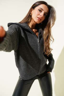 Fermuarlı Geniş Örgülü Hırka Füme - Thumbnail