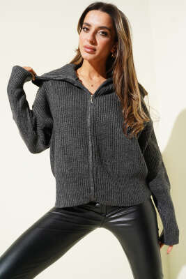 Fermuarlı Geniş Örgülü Hırka Füme - Thumbnail