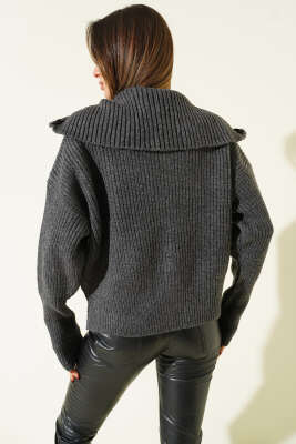 Fermuarlı Geniş Örgülü Hırka Füme - Thumbnail