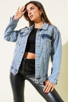 İnci Süslemeli Cepli Kot Ceket Kot Mavisi - Thumbnail