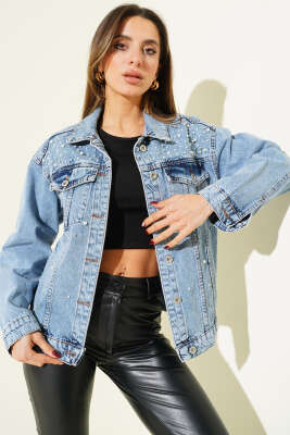 İnci Süslemeli Cepli Kot Ceket Kot Mavisi - Thumbnail