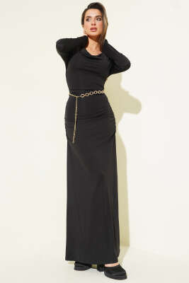 Pazarium - Degaje Yaka Zincir Kemerli Elbise Siyah