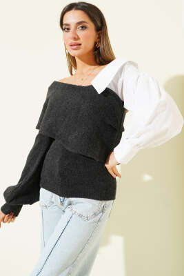 Pazarium - Gömlek Kol Garnili Kayık Yaka Kazak Füme