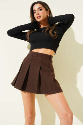Pazarium - Pileli Şort Astarlı Kaşe Mini Etek Kahve
