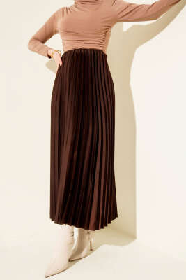 Pazarium - Saten Görünümlü Pileli Etek Kahve