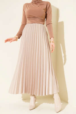 Pazarium - Saten Görünümlü Pileli Etek Bej