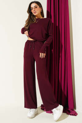 Pazarium - Yarasa Kol Bluzlu Loyşa İkili Takım Bordo