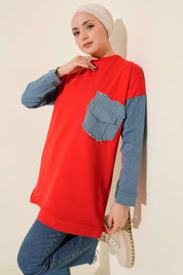 Pazarium - Kot Garnili İki İp Tunik Kırmızı