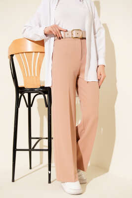 Pazarium - Geniş Kemerli Bol Paça Pantolon Latte