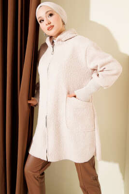 Pazarium - Bilek Ribanalı Fermuarlı Buklet Hırka Bej