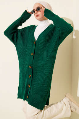 Pazarium - Baklava Kabartmalı Düğmeli Triko Hırka Zümrüt