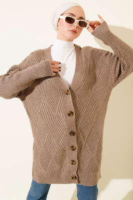 Pazarium - Baklava Kabartmalı Düğmeli Triko Hırka Latte