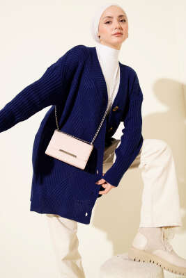 Pazarium - Baklava Kabartmalı Düğmeli Triko Hırka Lacivert