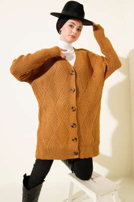 Pazarium - Baklava Kabartmalı Düğmeli Triko Hırka Hardal