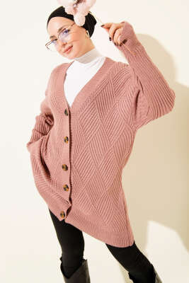 Pazarium - Baklava Kabartmalı Düğmeli Triko Hırka Gül Kurusu