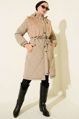 Pazarium - Göğüs Kürklü Kapüşonlu Kapitone Mont Vizon