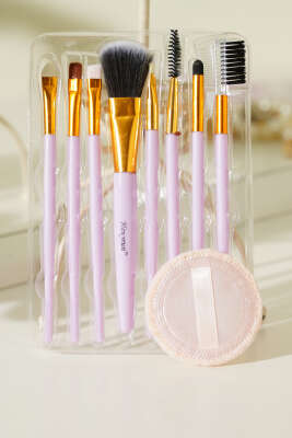 Pazarium - 8'li Makyaj Süngerli Fırça Seti Lila