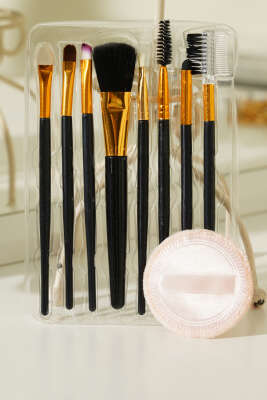 8'li Makyaj Süngerli Fırça Seti Siyah - Thumbnail