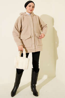 Kapüşonlu Çıtçıtlı Kaban Bej - Thumbnail