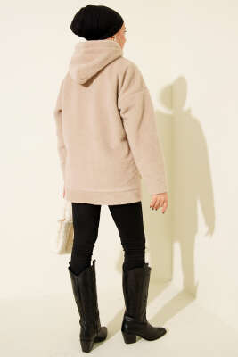 Kapüşonlu Çıtçıtlı Kaban Bej - Thumbnail