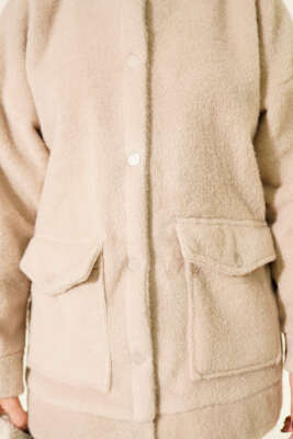 Kapüşonlu Çıtçıtlı Kaban Bej - Thumbnail