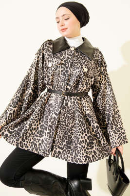 Deri Yaka Garnili Leopar Desenli Ceket Taş - Thumbnail