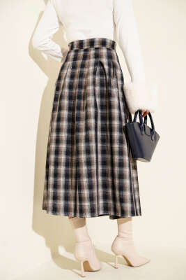 Kemer Aksesuarlı Ekoseli Etek Bej - Thumbnail