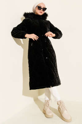 Pazarium - Bel Tünelli Kapüşonlu Kapitone Şişme Mont Siyah