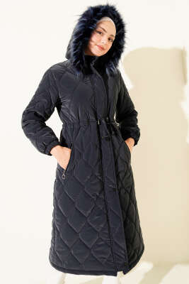 Pazarium - Bel Tünelli Kapüşonlu Kapitone Şişme Mont Lacivert