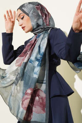 Pazarium - Flowers Desen Rami Şal Füme