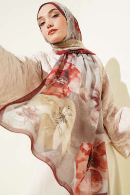 Flowers Desen Rami Şal Bordo - Thumbnail