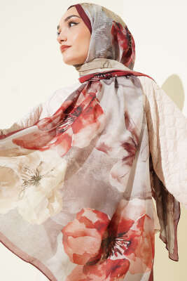 Flowers Desen Rami Şal Bordo - Thumbnail