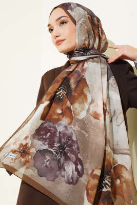 Flowers Desen Rami Şal Açık Kahve - Thumbnail