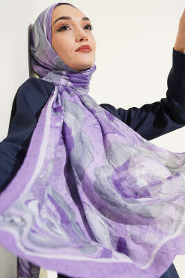 Pazarium - Çiçek Desenli Bambu Kraş Şal Lila