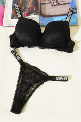 Pazarium - Love Taşlı Destekli Sütyen Takım Siyah Dantelli