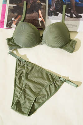 Pazarium - Çizgili Destekli Sütyen Takımı Haki