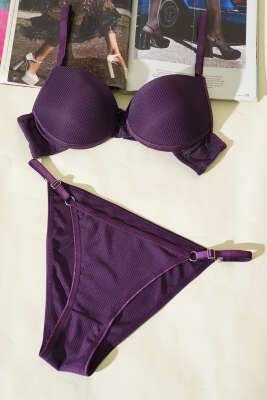 Pazarium - Çizgili Destekli Sütyen Takımı Mor