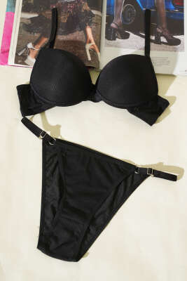 Pazarium - Çizgili Destekli Sütyen Takımı Siyah