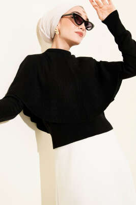 Pazarium - Pelerinli Fitilli Triko Kazak Siyah