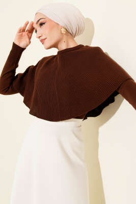 Pelerinli Fitilli Triko Kazak Kahve - Thumbnail