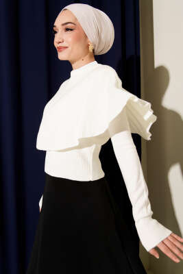 Pelerinli Fitilli Triko Kazak Ekru - Thumbnail