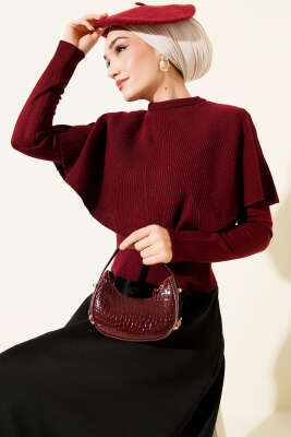 Pelerinli Fitilli Triko Kazak Bordo - Thumbnail