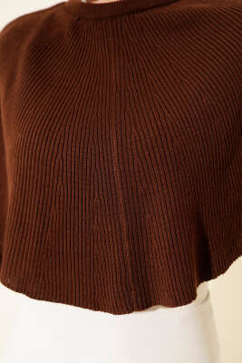 Pelerinli Fitilli Triko Kazak Kahve - Thumbnail